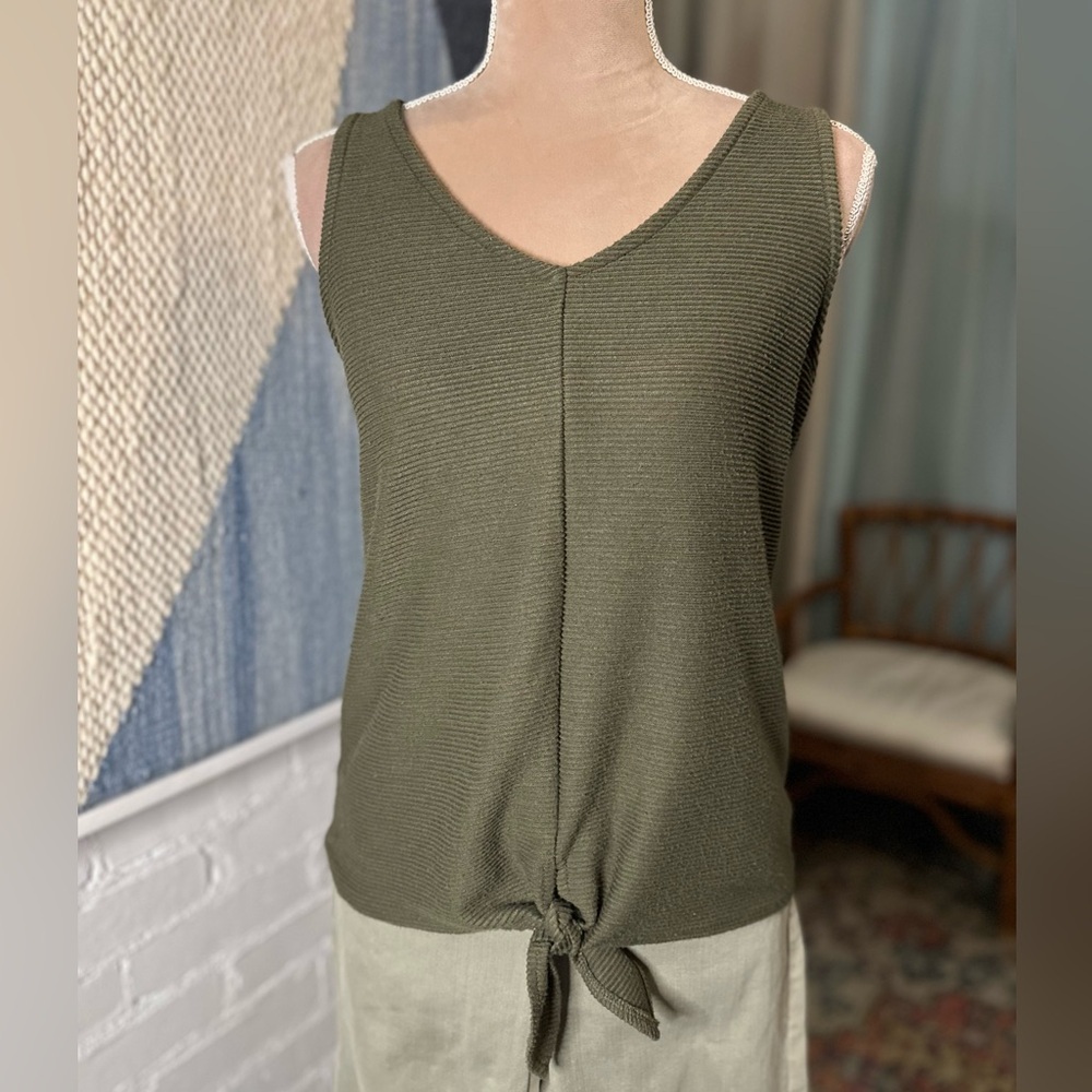 Loft Green Horizontal Ribbed Tank Top with Front Tie - Picture 3 of 9